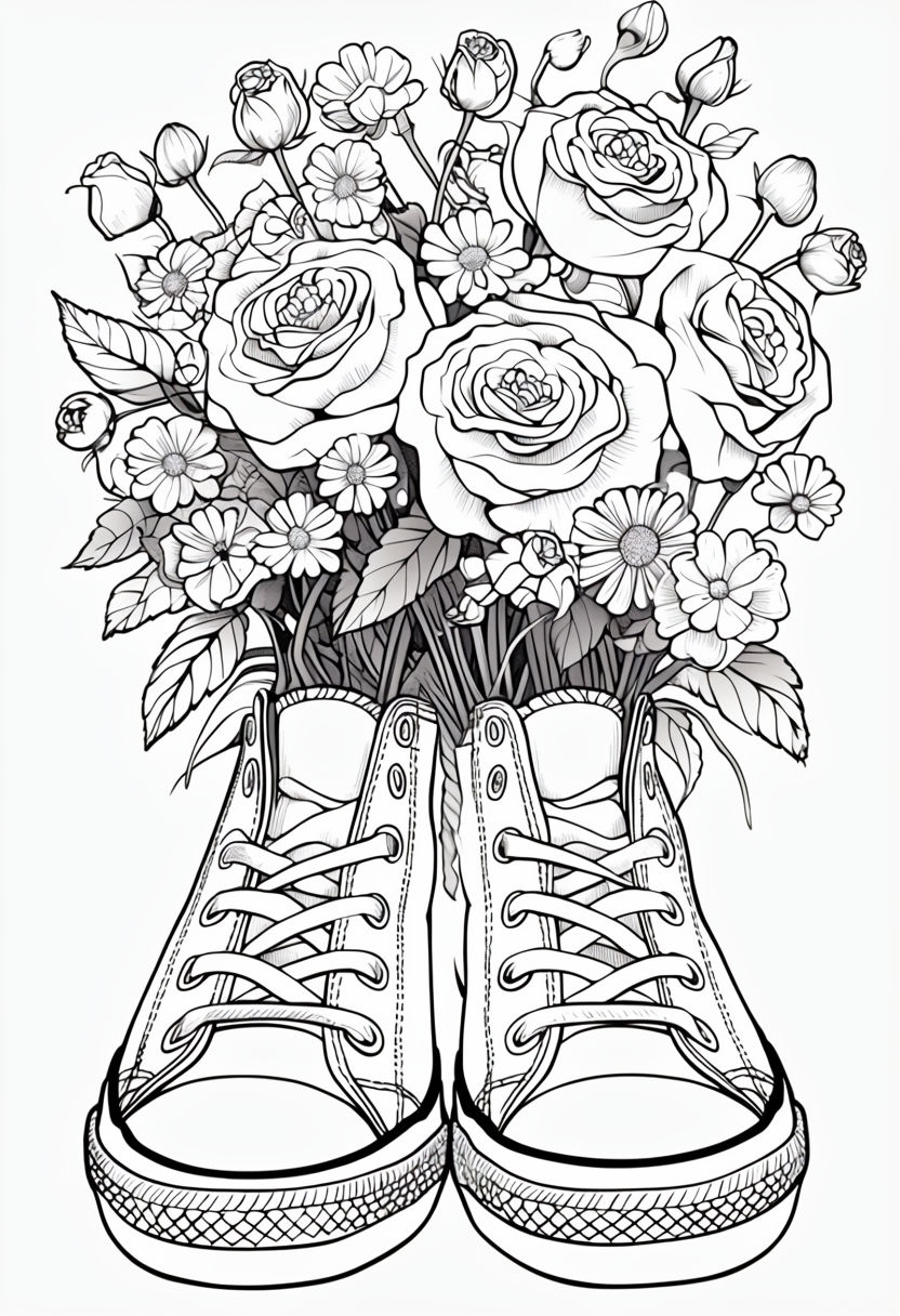 High-Top Sneakers and Floral Bouquet Coloring Page Art