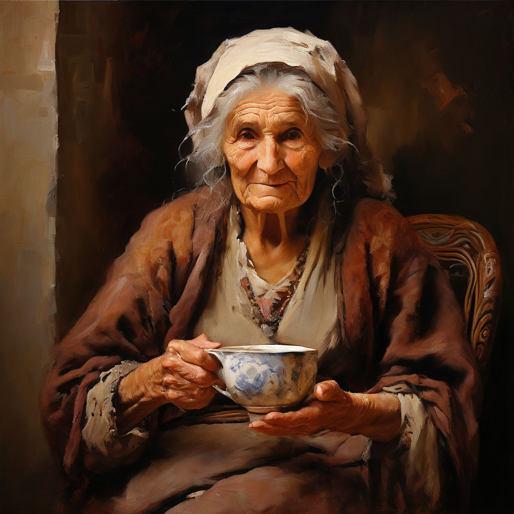 Impressionism art terrible Nasty very emotional old granny with a  peppershaker in her hands on mirror older