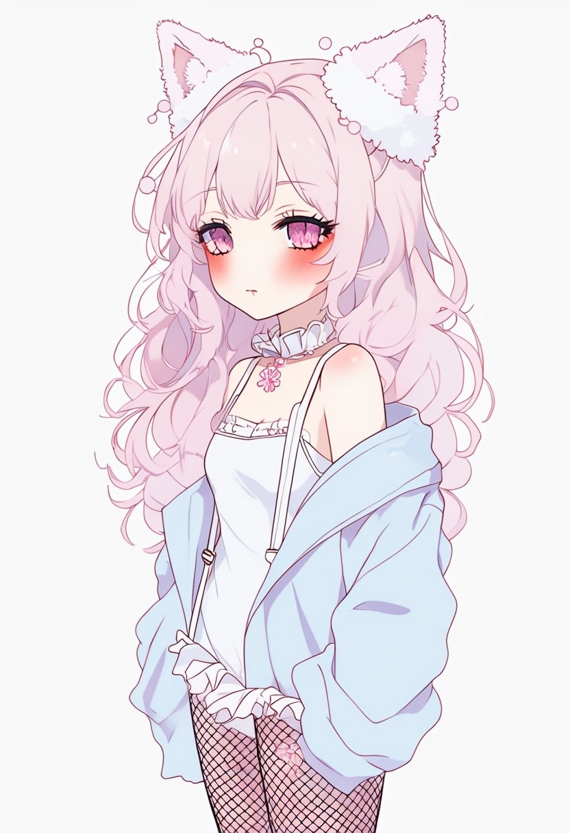 Pastel Chibi Anime Character with Cat Ears Illustration Art