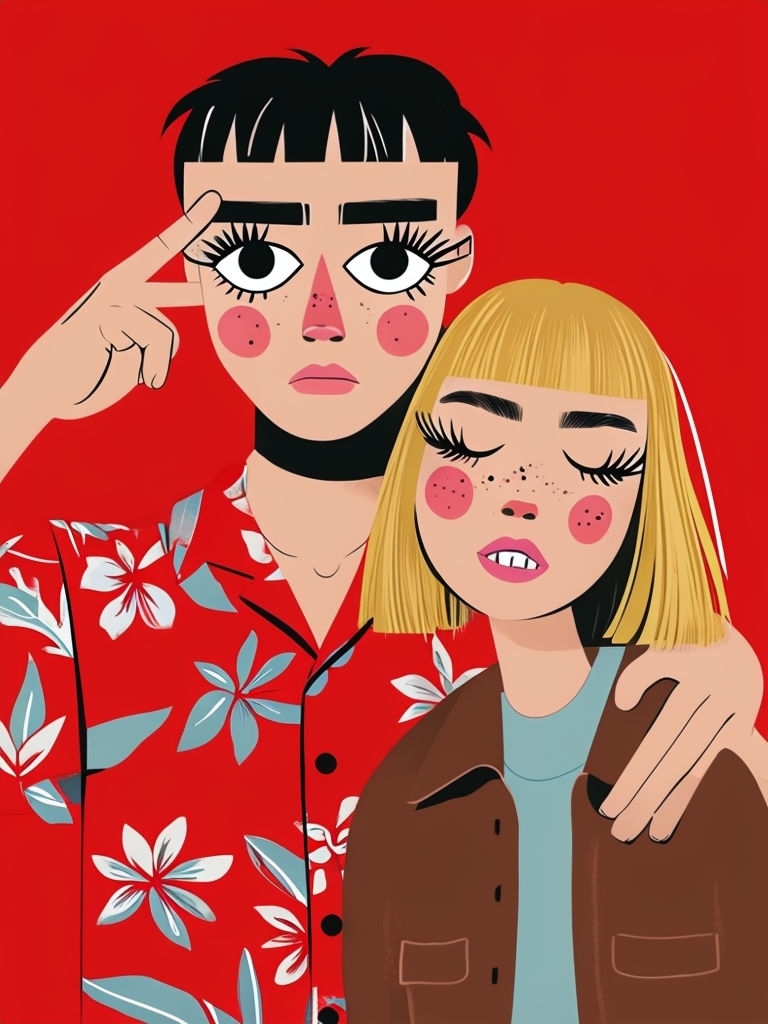 Vibrant Pop Art Characters Embracing Against Red Background Art