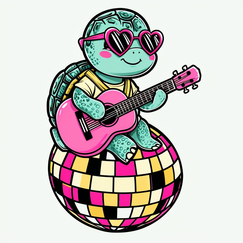 Cheerful Teal Turtle Playing Guitar on Disco Ball Sticker