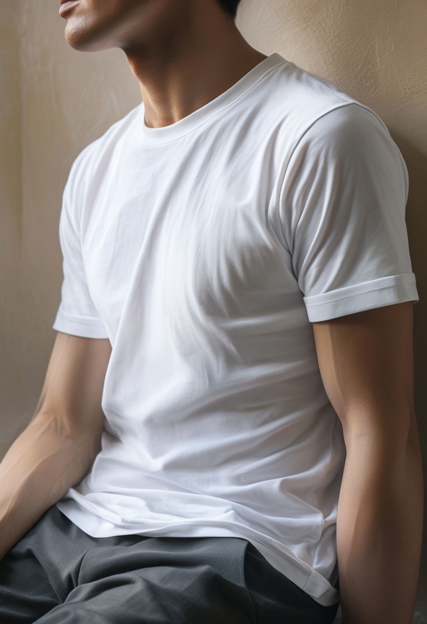 Realistic Model Wearing Plain White Crew Neck T-Shirt Mockup