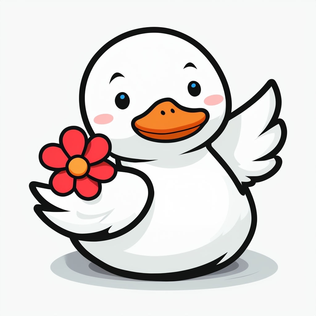 Cheerful Cartoon White Duck Holding a Flower Sticker
