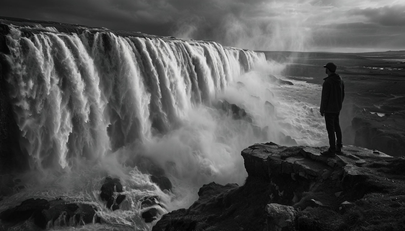 Dramatic Black and White Waterfall Landscape Virtual Background