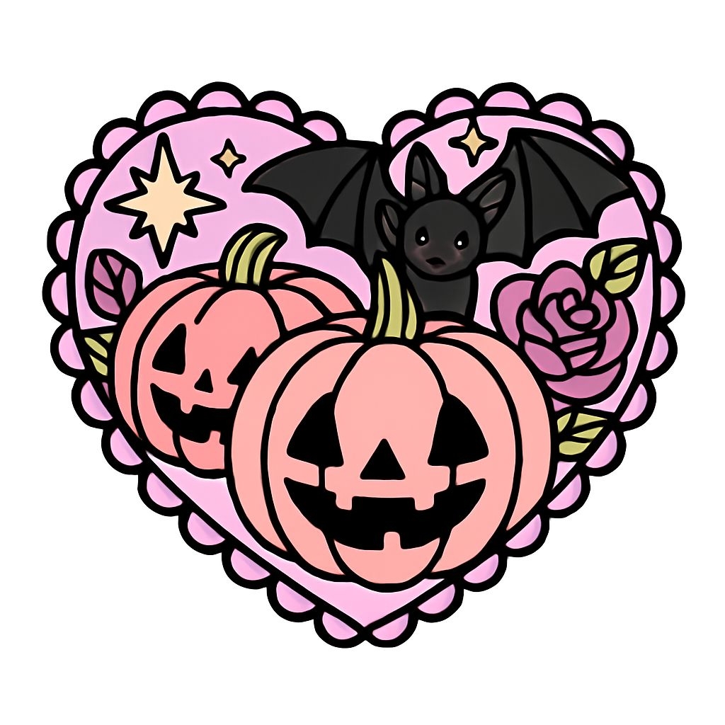 Whimsical Pink Heart Pumpkin Illustration with Cute Bat Sticker