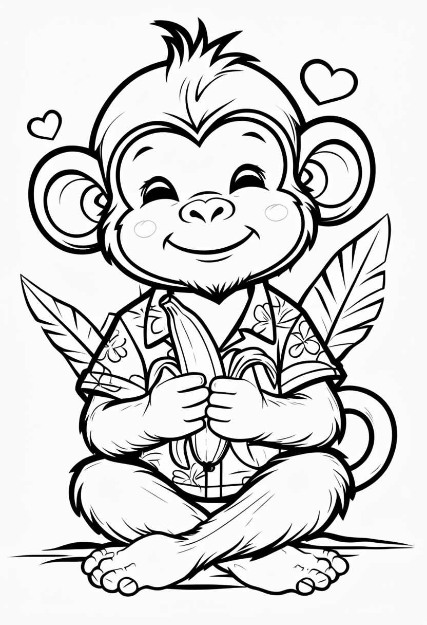 Cute Cartoon Monkey with Banana Coloring Page Design