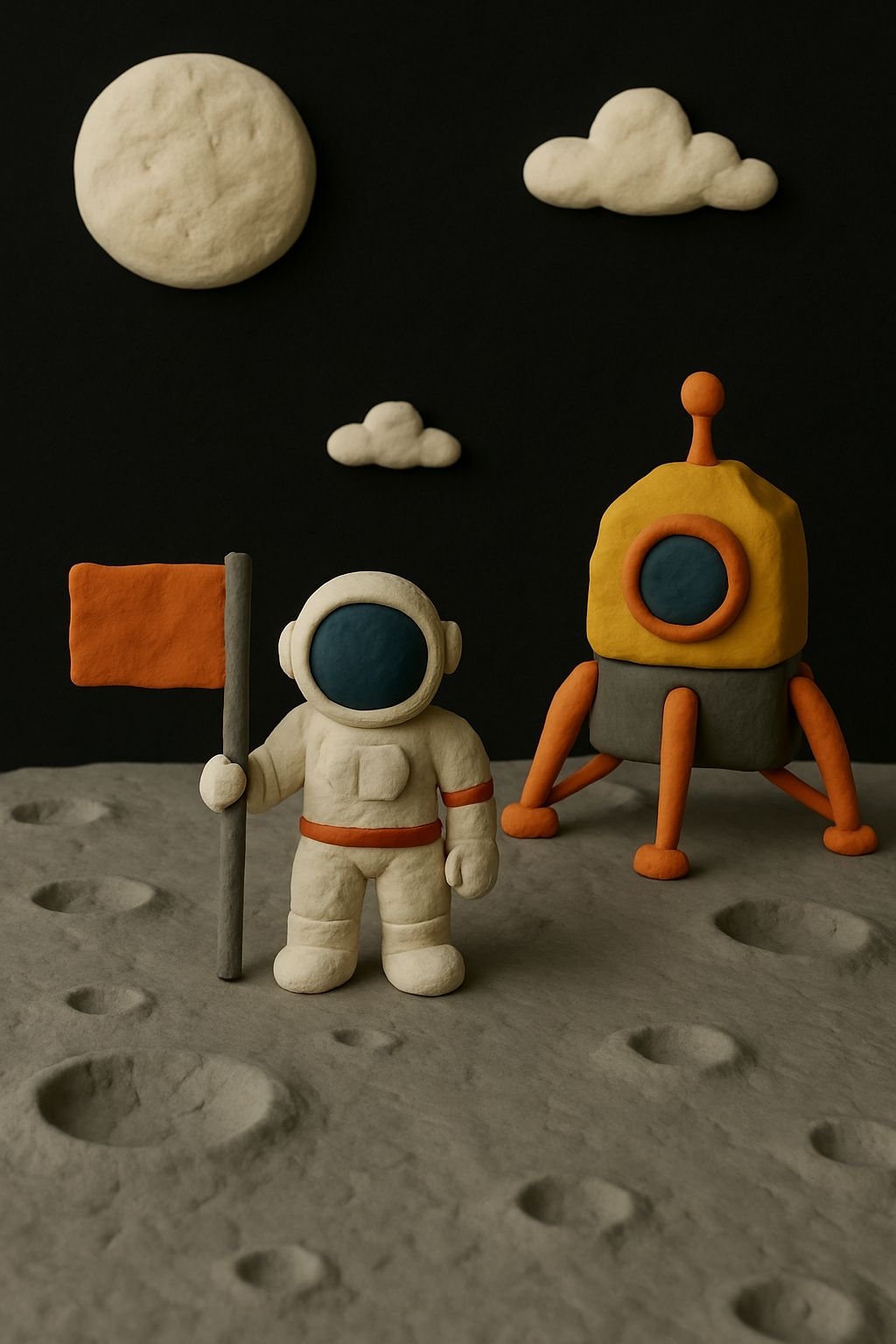 Whimsical Claymation Astronaut on Moon with Space Rover Art