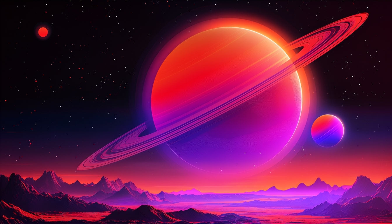 Retro-Futuristic Alien Landscape with Celestial Bodies Background