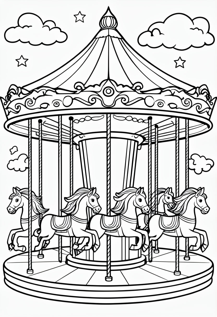 Whimsical Black and White Carousel Line Art for Coloring Book Pages