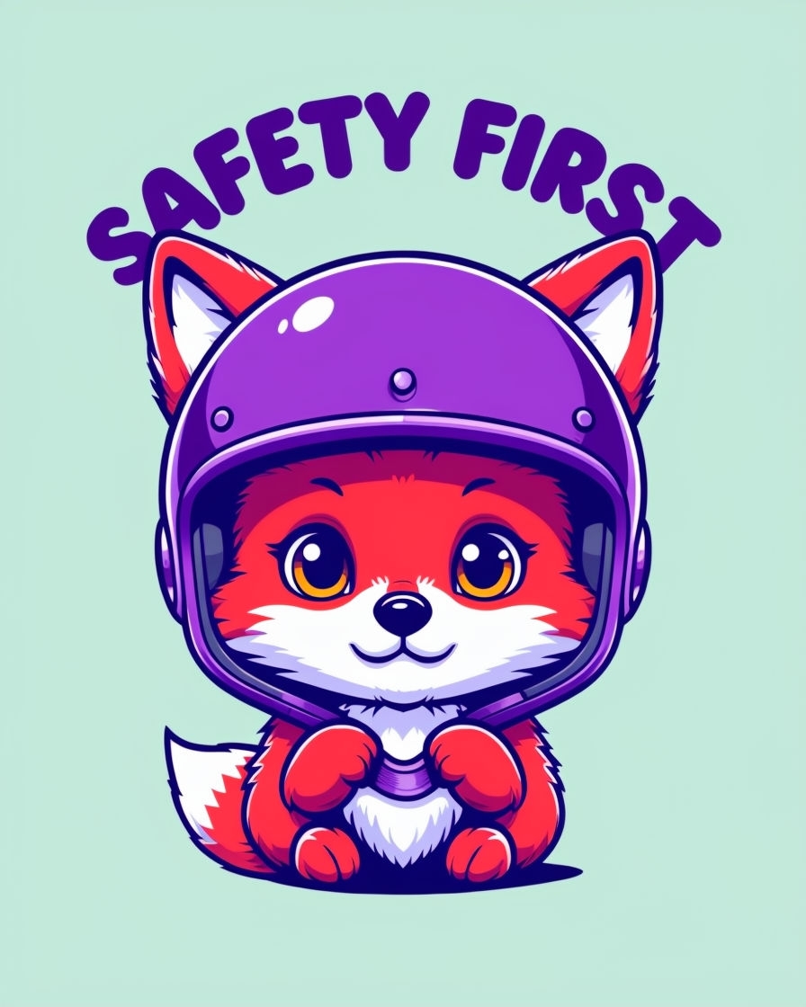 Cute Red Fox with Helmet and Safety First Text Poster