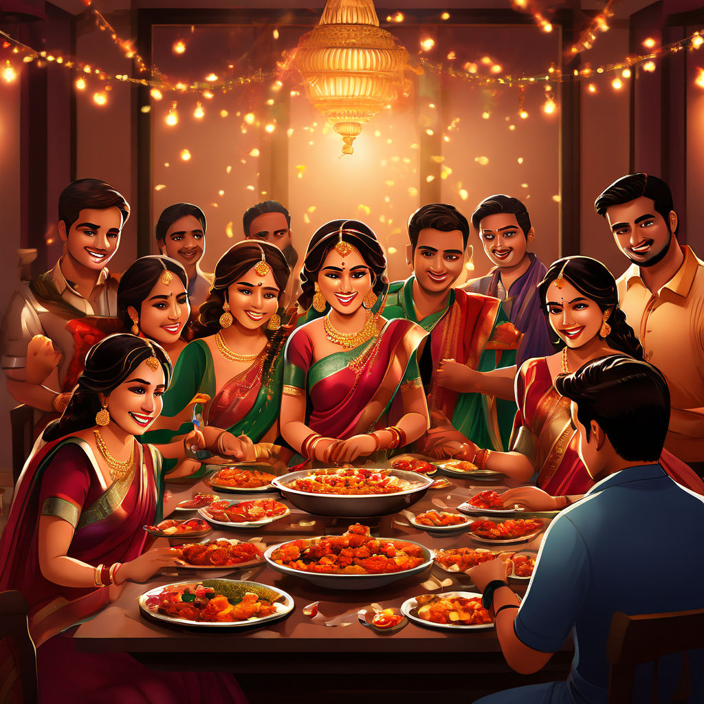 Create a tamil wedding eve dinner with many people around ta... by
