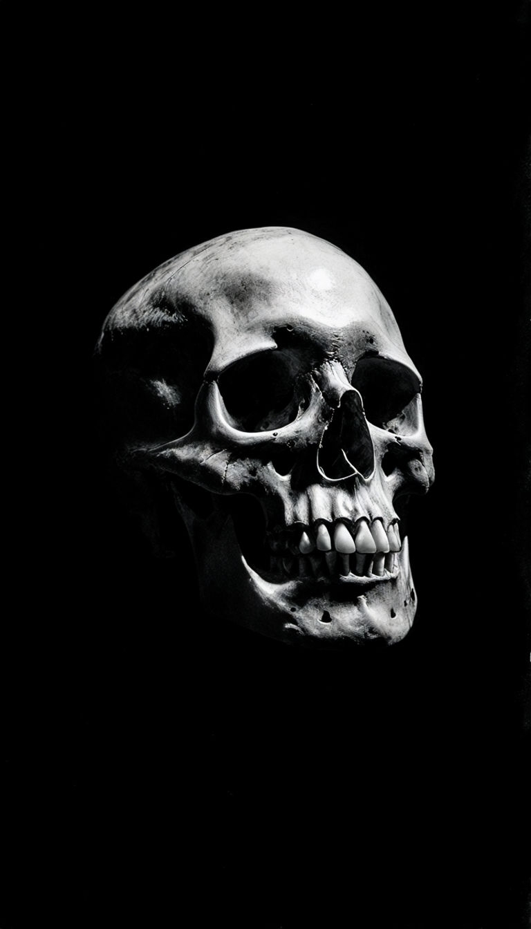 Striking Black and White Skull Photograph with Eerie Lighting Mobile Wallpaper