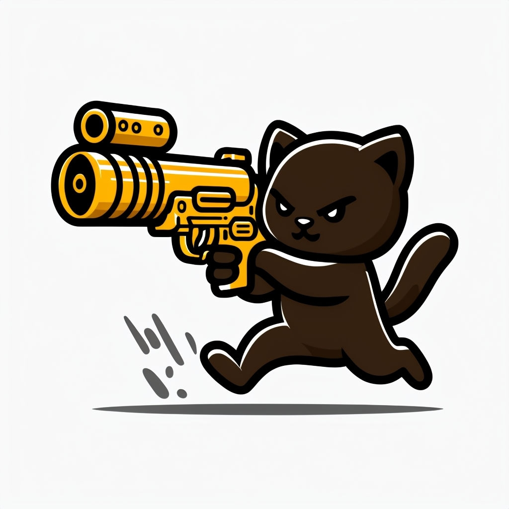 Determined Cartoon Cat Character with Revolver Sticker