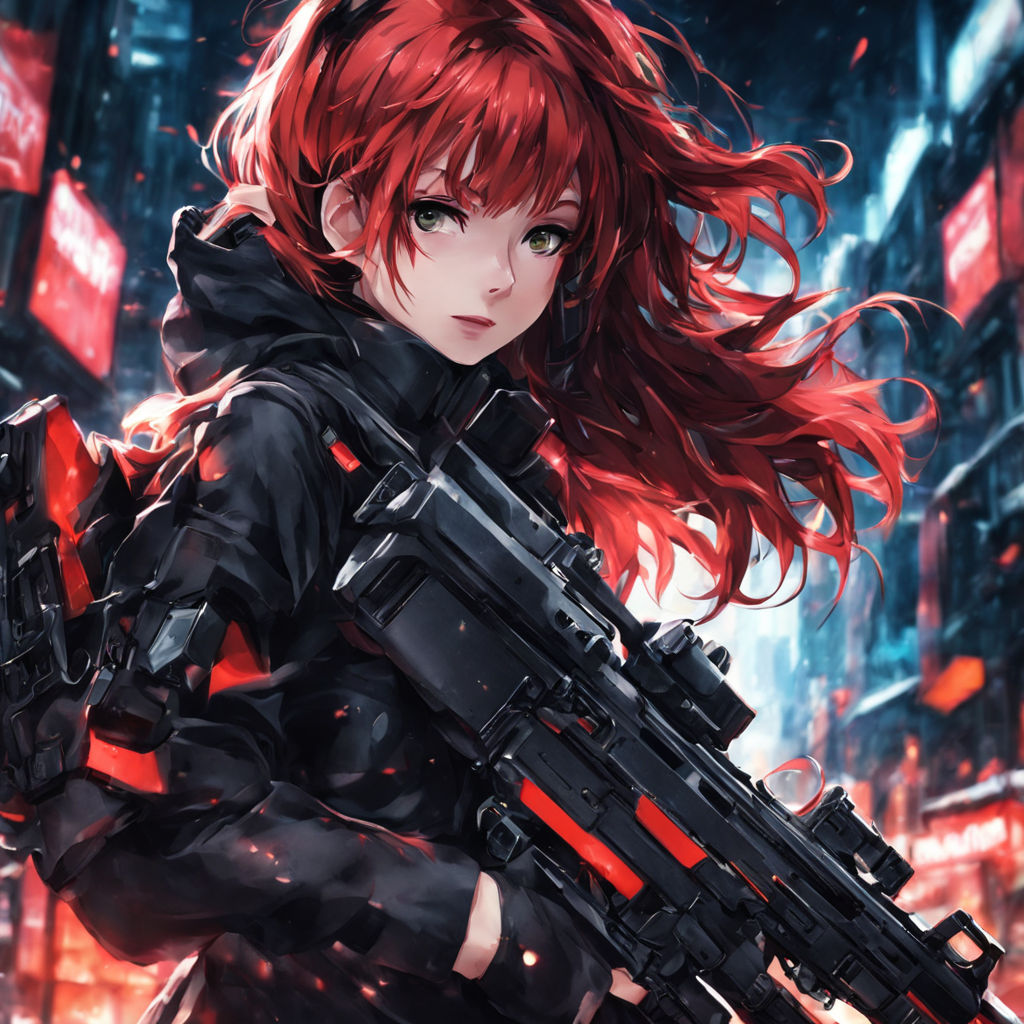 beautiful anime girl character with red hair and black military suit