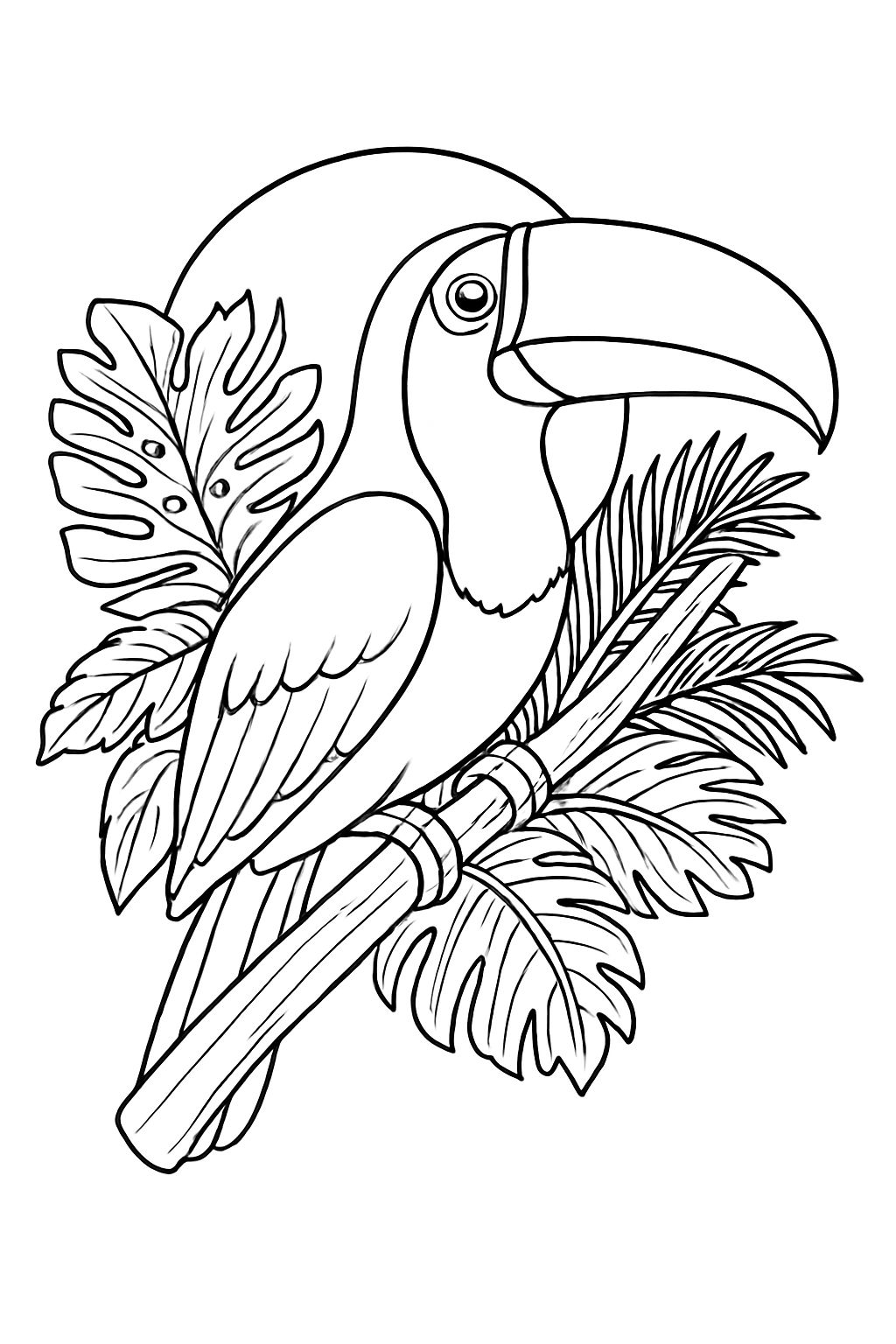 Tropical Toucan and Foliage Black-and-White Line Art Coloring Book Pages