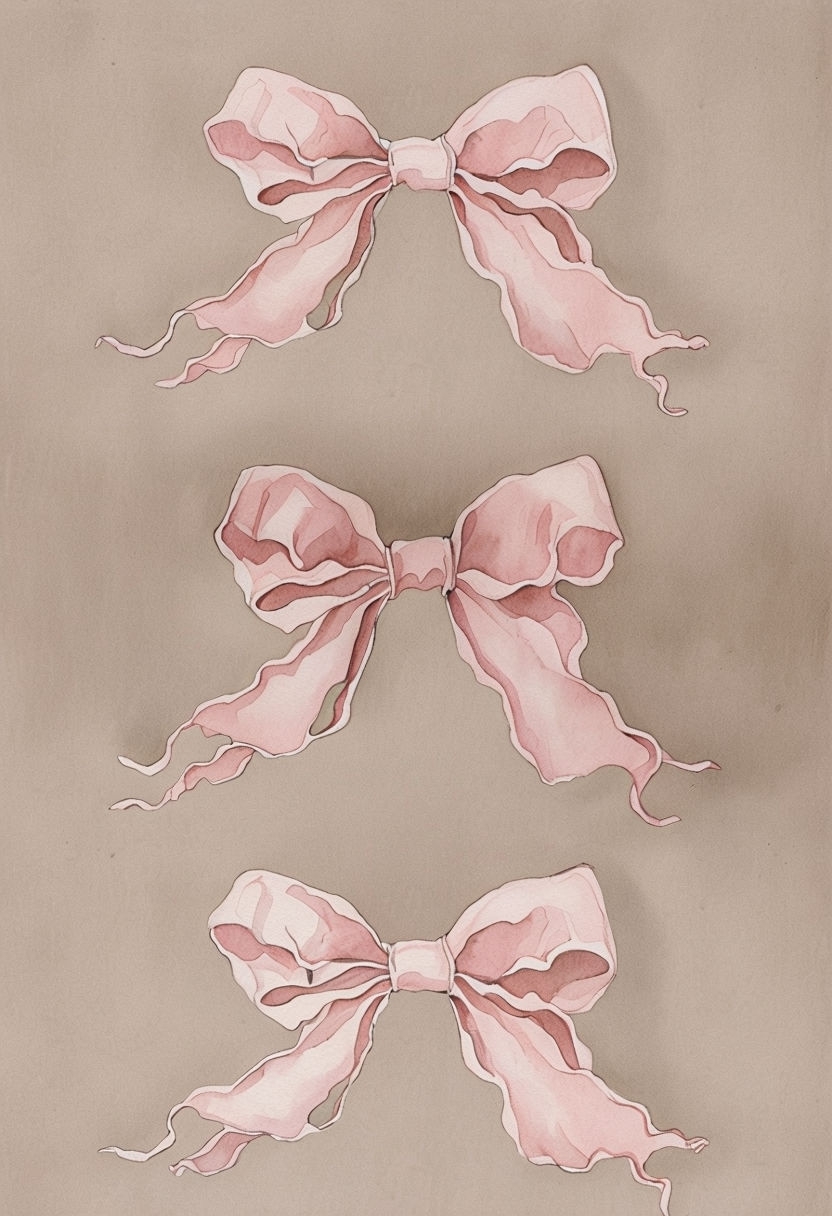 Delicate Watercolor Pink Bows Arrangement on Beige Background Mobile Wallpaper