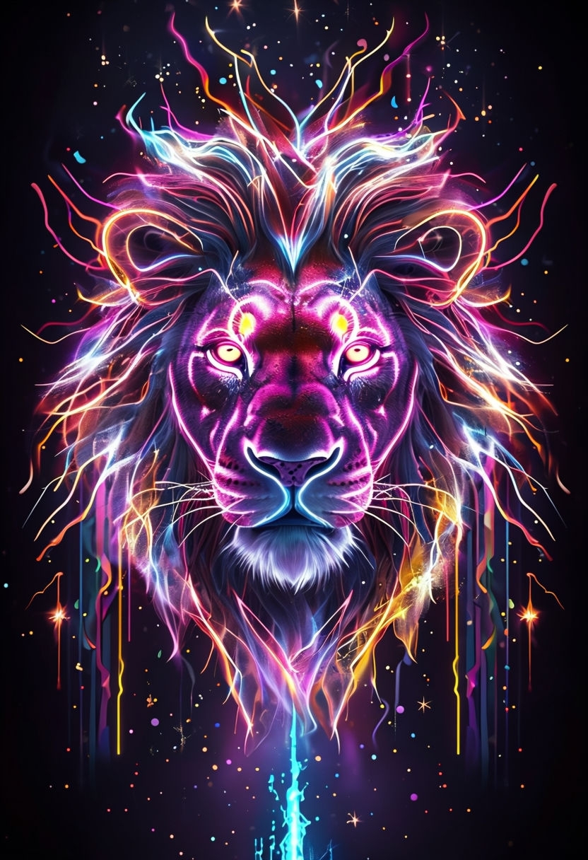 Electrifying Neon Lion Face Art with Dynamic Colors Poster