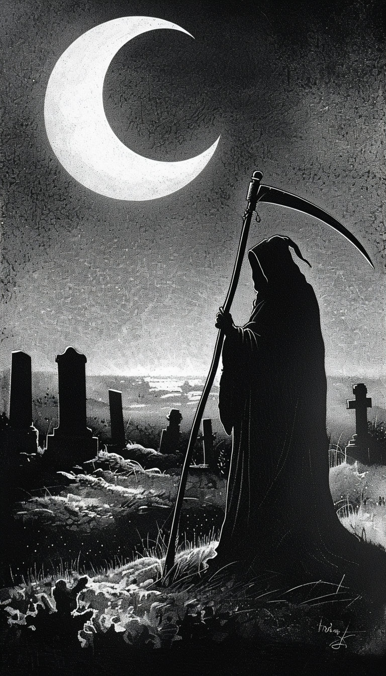 Eerie Black and White Grim Reaper Cemetery Scene Mobile Wallpaper