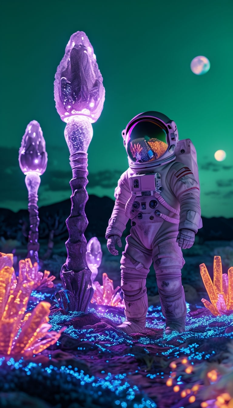 Lost Astronaut Surrounded by Alien Flora in Colorful Landscape Art