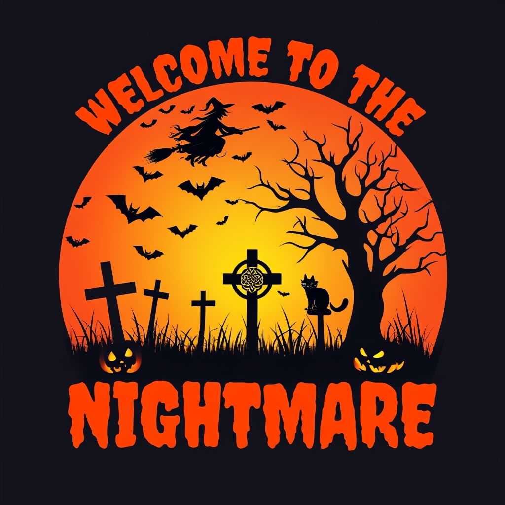 Spooky Halloween Nightmare Scene with Witch and Bats T-shirt