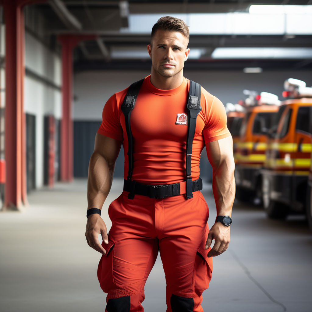 firefighter. without shirt. big muscle hands. big bulge. Perfect face  definition. Perfect huge tense biceps very giant. Big guy wear narrow  clothes. Ultra-overmuscled-broad-shoulder-amazing-muscle-bulky-man.