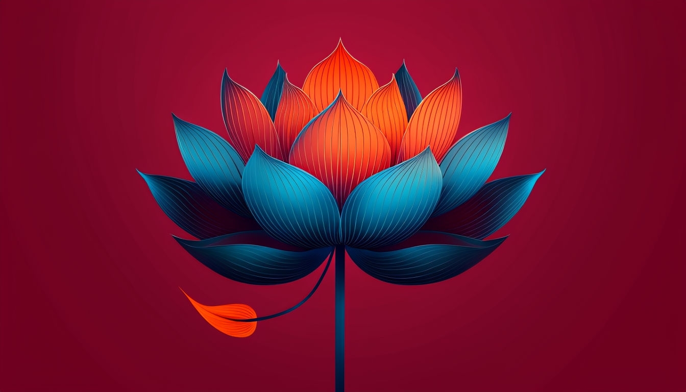Stylized Lotus Flower Illustration on Deep Crimson Background Virtual Backgrounds