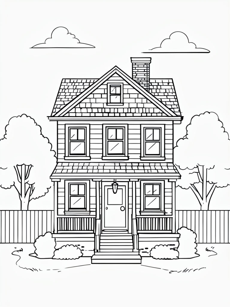 Detailed Black-and-White House Illustration for Coloring Book Pages