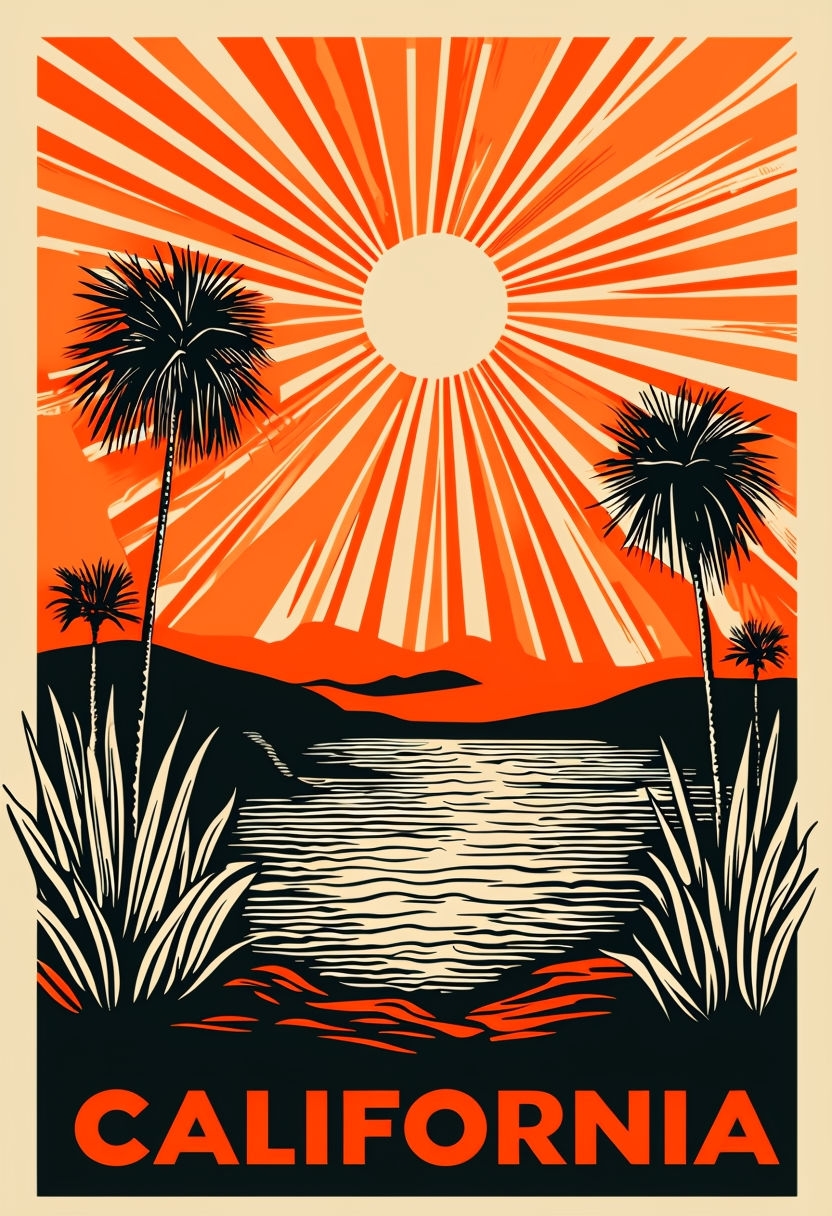 Vintage California Landscape Illustration with Bold Colors Poster
