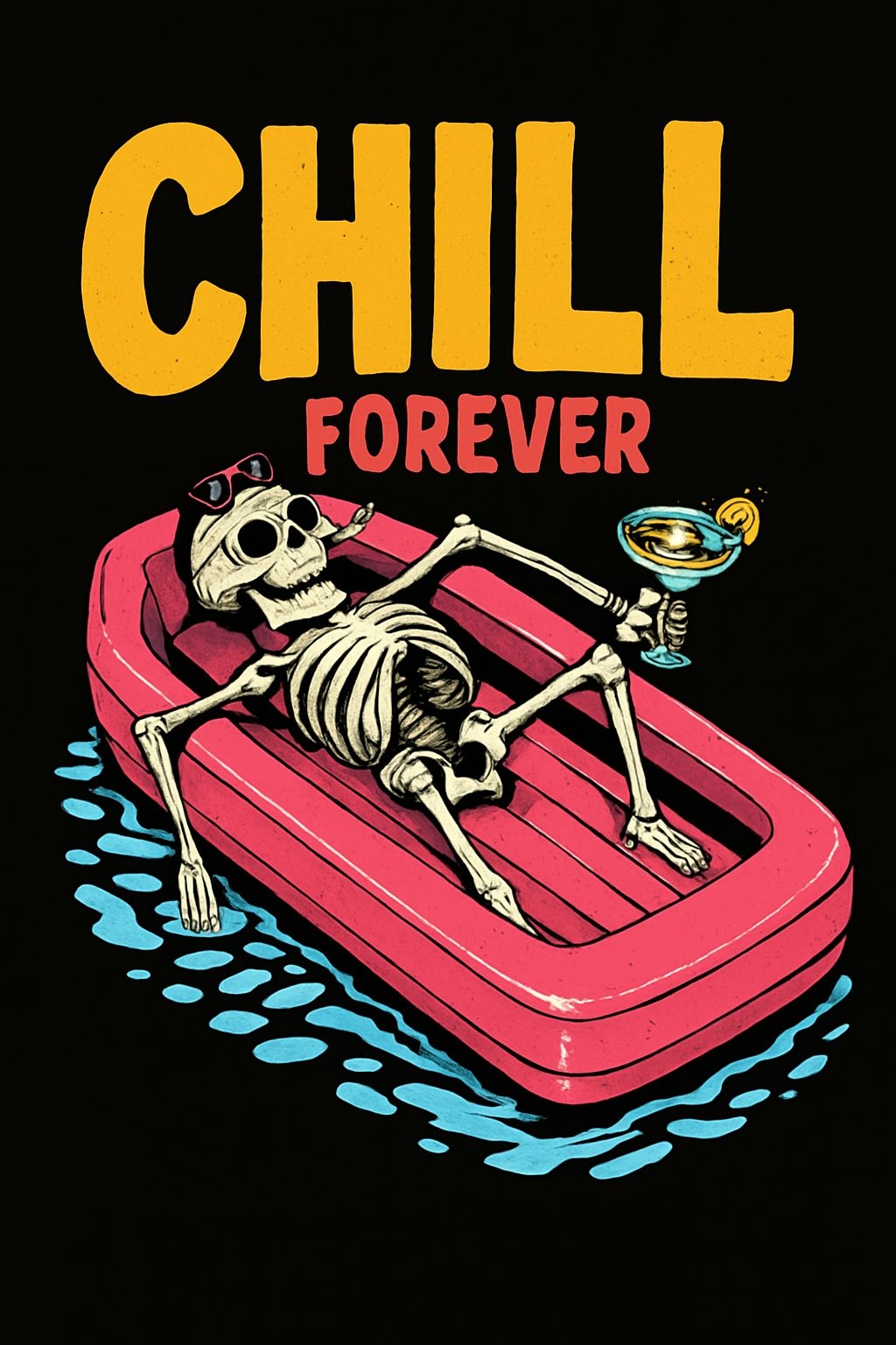 Relaxed Skeleton on Pink Pool Float with Chill Forever Text Poster