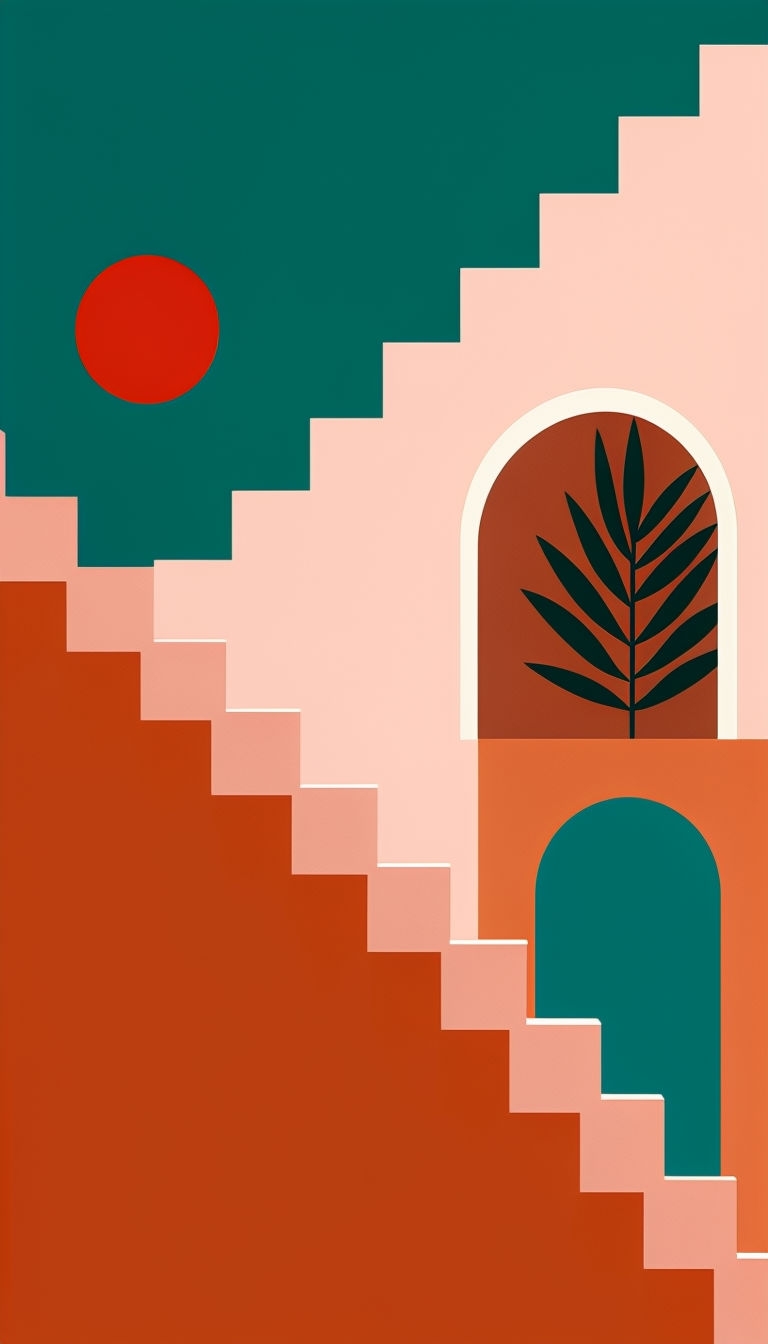Abstract Minimalist Geometric Staircase and Plant Illustration Mobile Wallpaper
