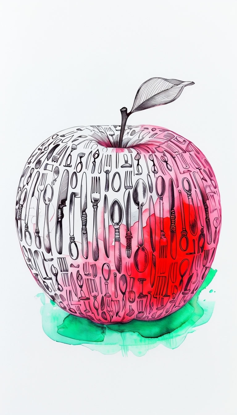 Intricate Apple Design with Cutlery Patterns and Watercolor Wash Mobile Wallpaper