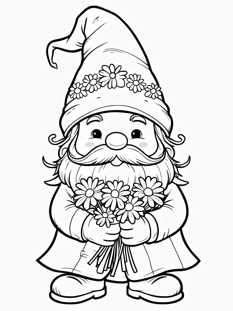 Whimsical Cartoon Gnome Character Holding Daisies Coloring Page