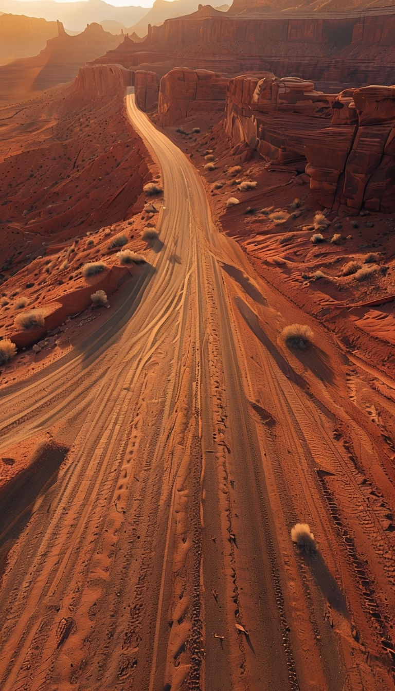 Winding Road Through Red Desert Cliffs at Golden Hour Mobile Wallpaper