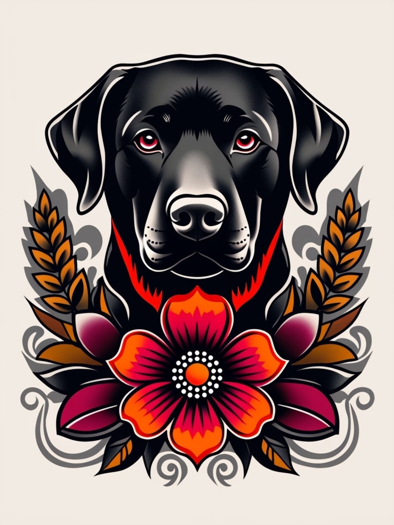 Traditional Tattoo-Style Black Labrador Retriever Art with Floral Elements