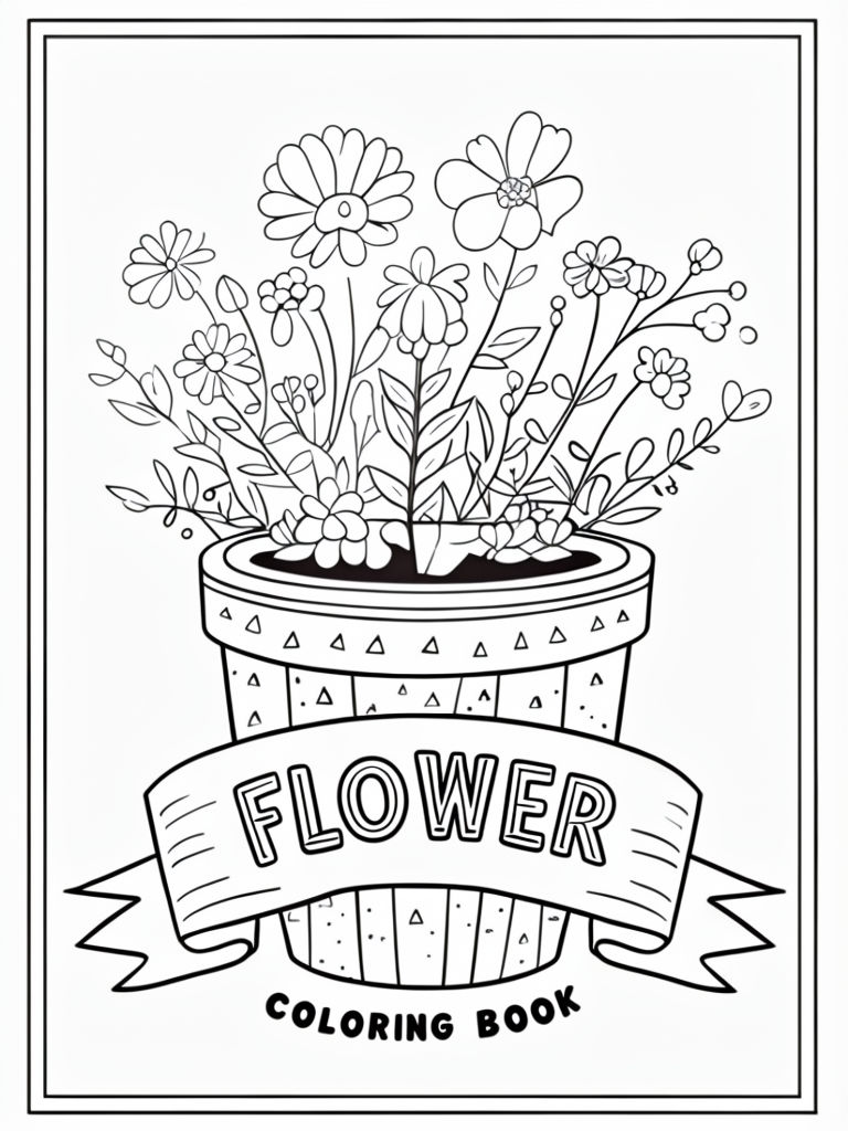 Playful Black and White Flower Pot Coloring Book Cover Art