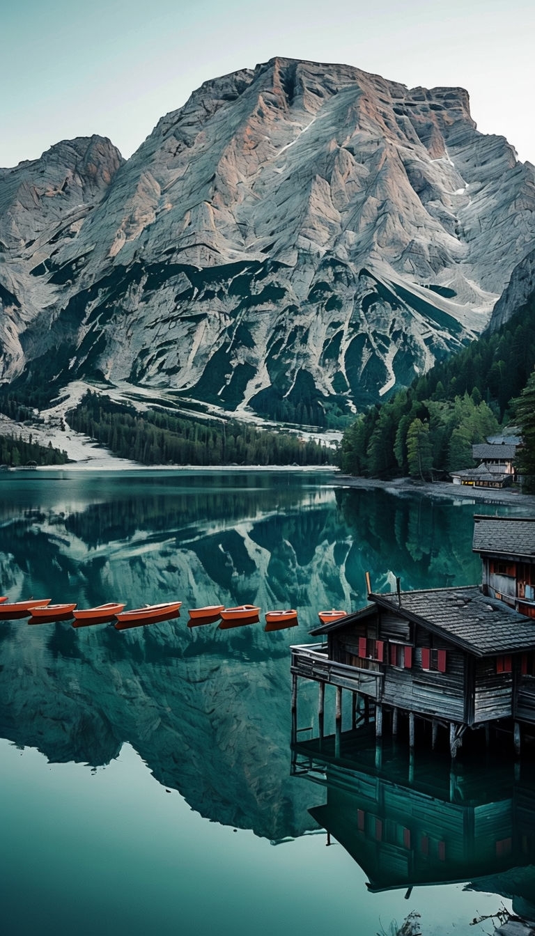Tranquil Alpine Lake Scene with Rustic Cabin Mobile Wallpaper
