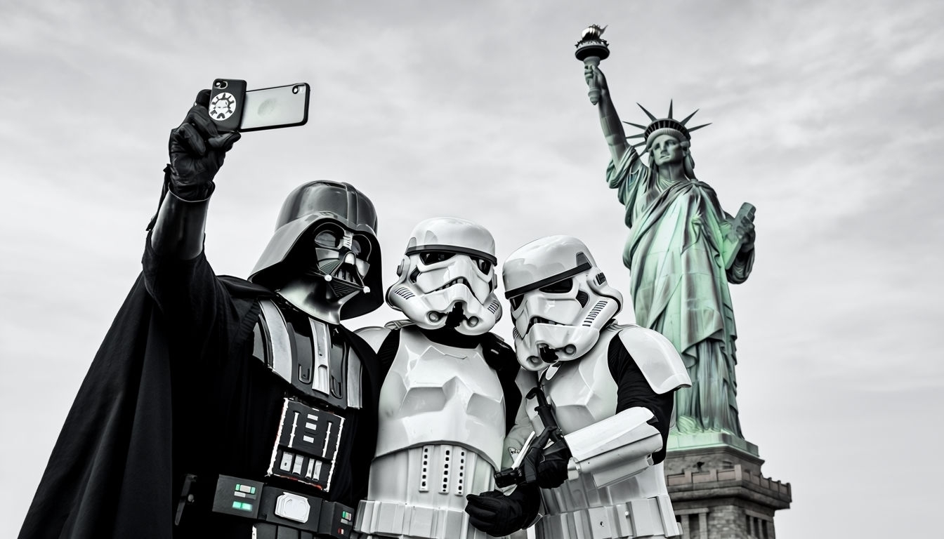 Humorous Star Wars Characters Selfie with Statue of Liberty Poster