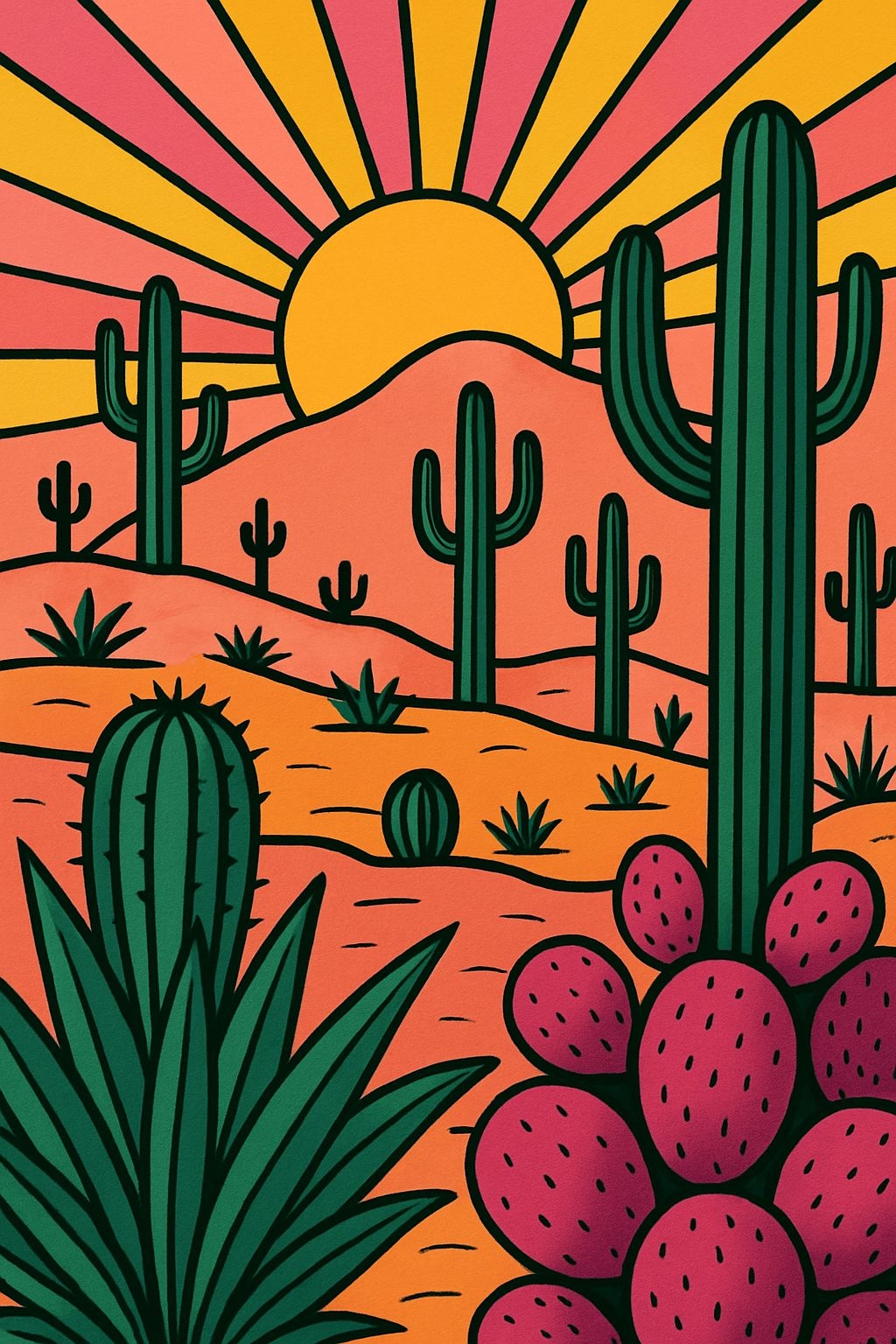 Vibrant Cartoon Desert Landscape with Cacti T-Shirt