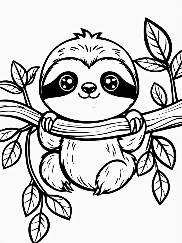 Cute Cartoon Sloth Hanging from Tree Branch Coloring Book Page