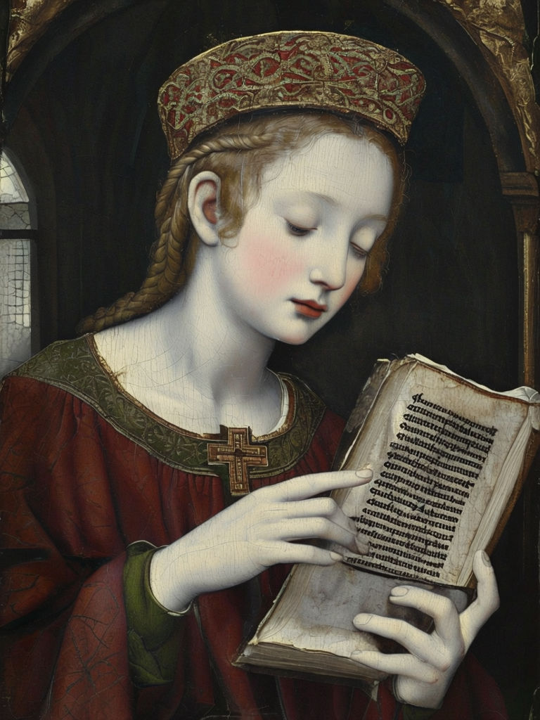 Serene Young Woman Reading Medieval Book Painting Art