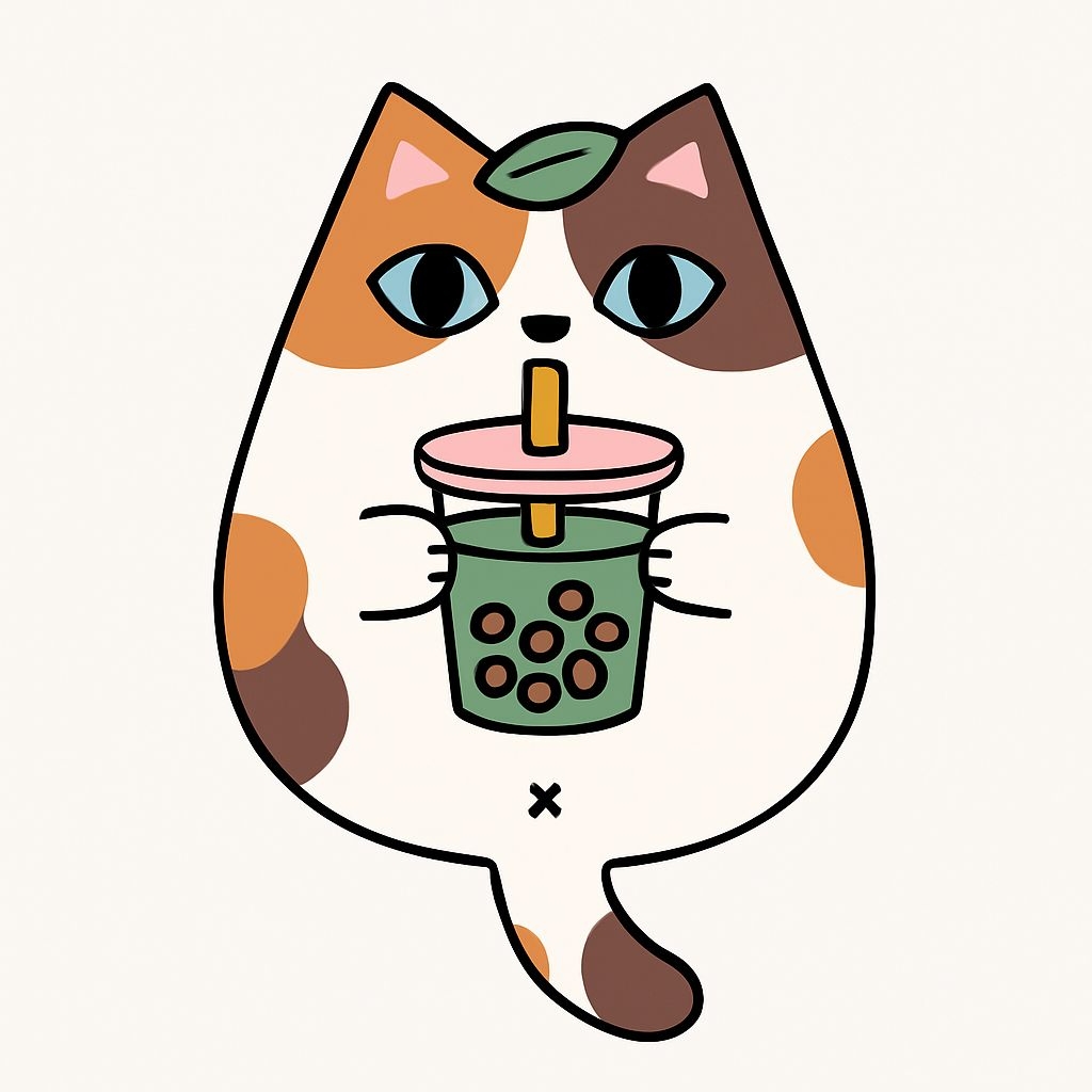 Cute Cartoon Cat with Boba Tea and Leaf Sticker