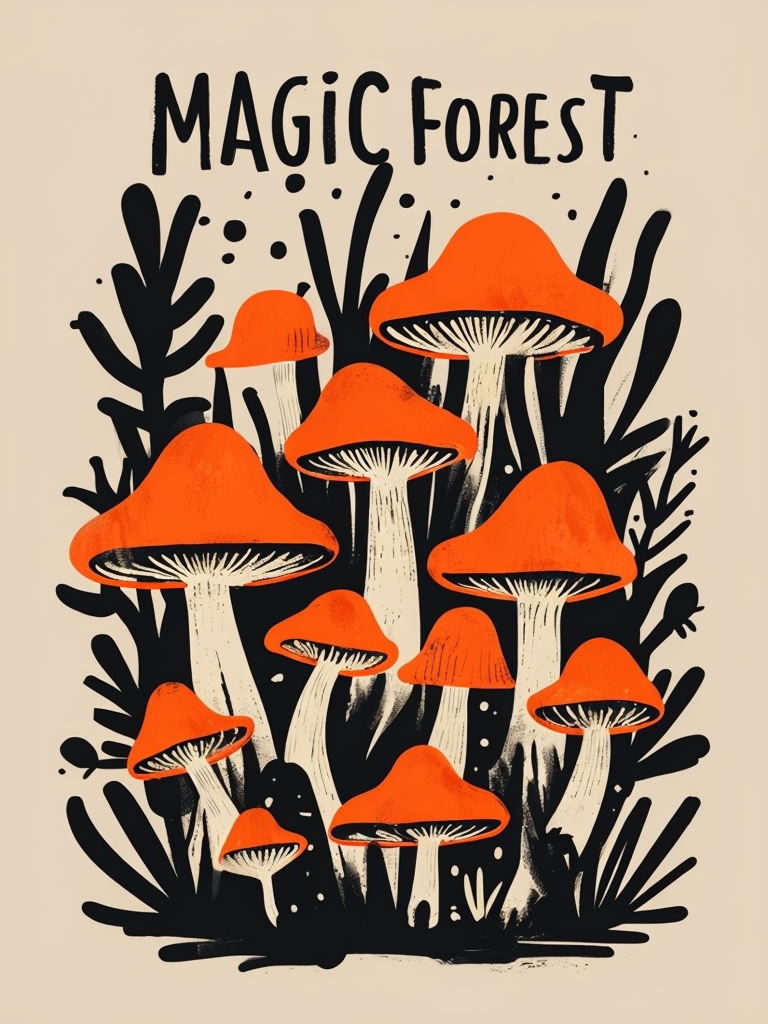 Whimsical Magic Forest Mushroom Illustration Poster