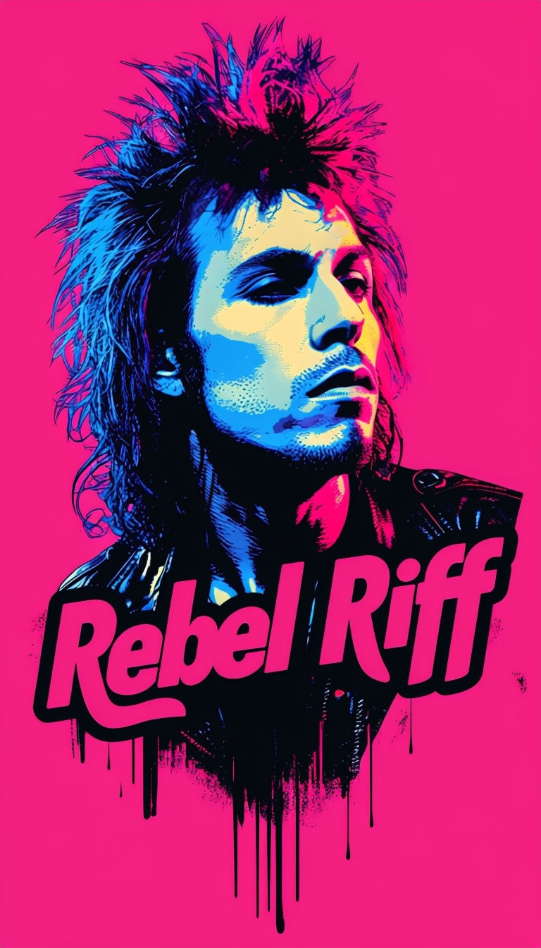 Vibrant Punk Rock Musician Portrait with Rebel Riff Typography Poster