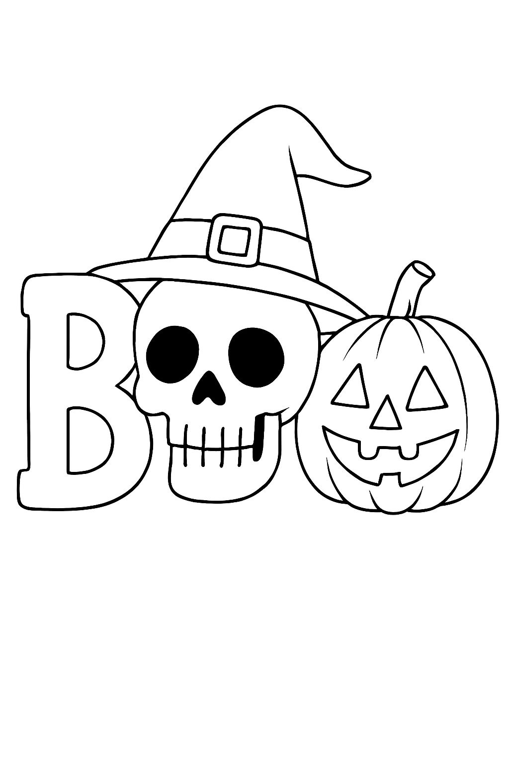 Halloween Themed Boo Illustration with Skull and Pumpkin Coloring Book Page