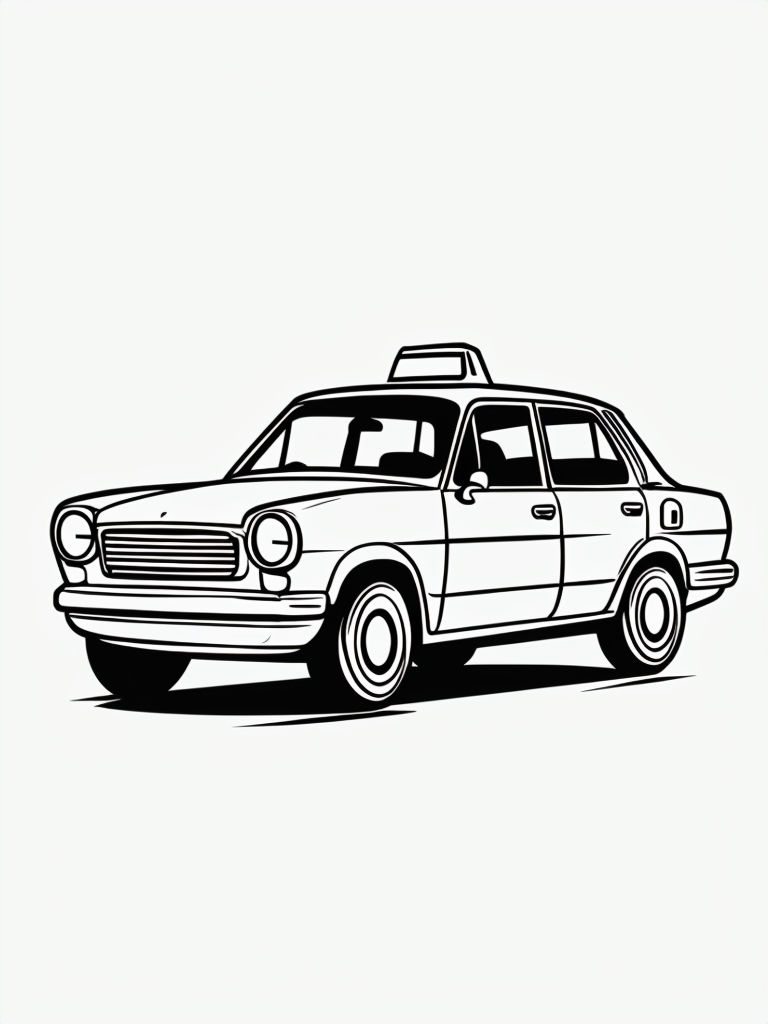 Classic Cartoon Taxi Car Line Drawing for Coloring Book Pages