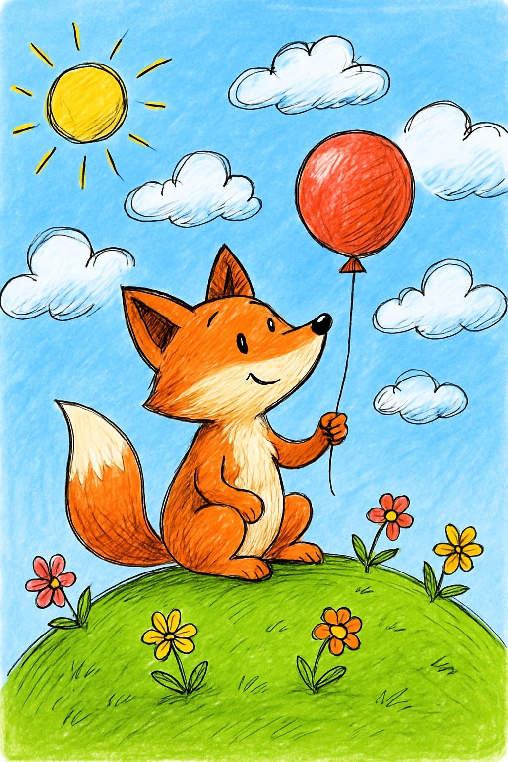 Whimsical Orange Fox with Balloon Cartoon Art Illustration