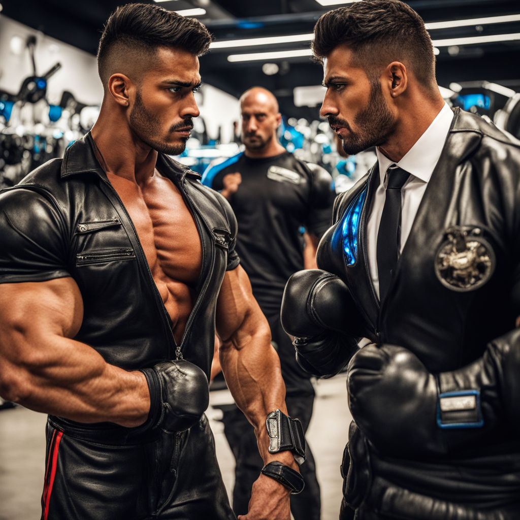 Arab Muscle Porn - a hyper masculine handsome attractive gay bodybuilder gigachad porn star  couple with a huge age gap - 40 vs 20 years - wearing armani leather  business suits with a half unbuttoned black