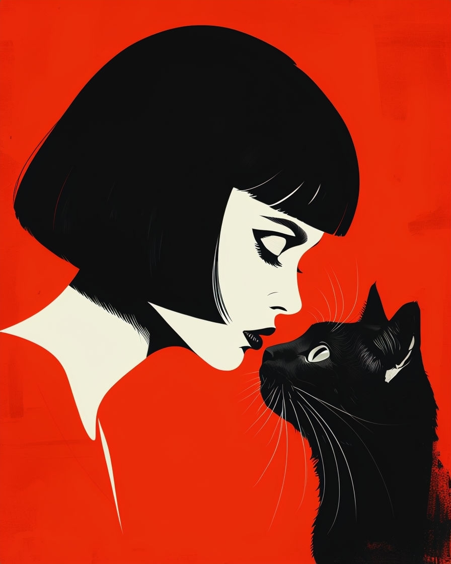 Minimalist Woman and Cat Profile Illustration on Red Background Art