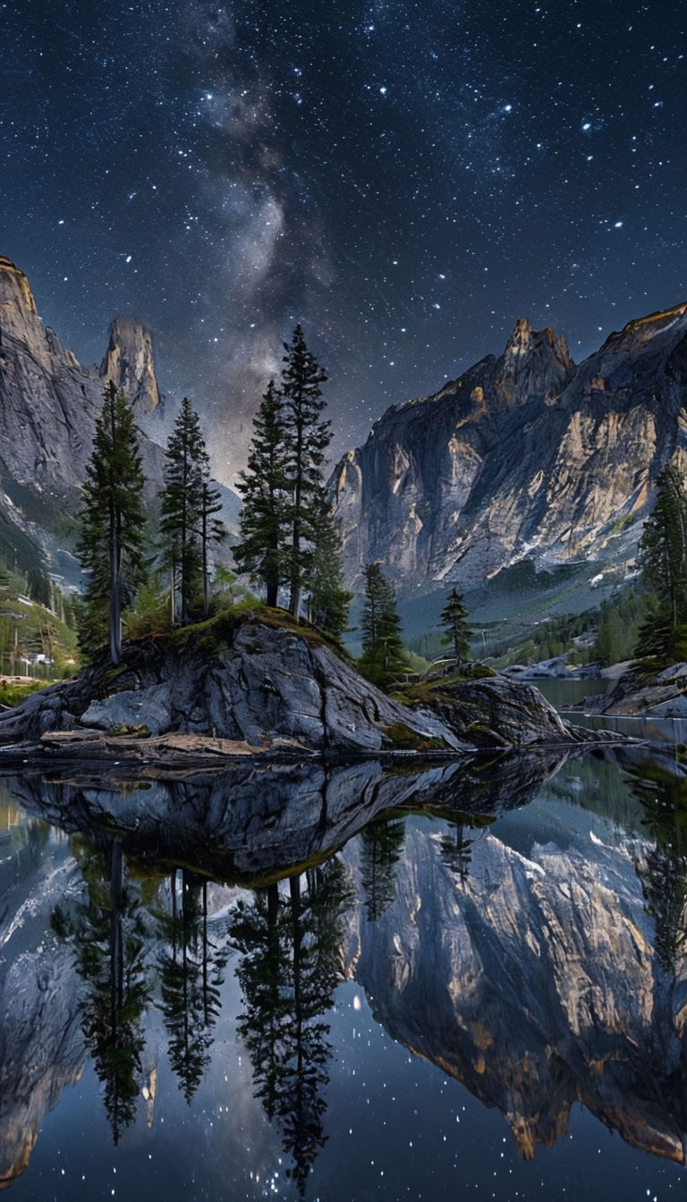 Serene Night Lake Landscape with Stars and Mountains Mobile Wallpaper