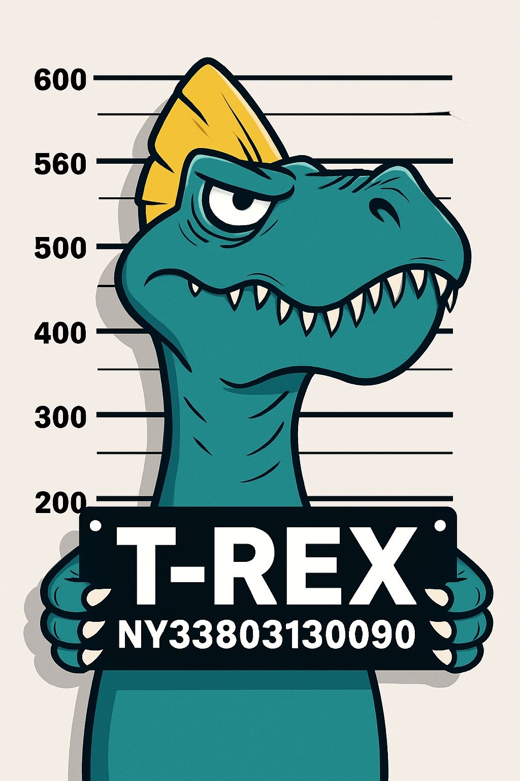 Teal Cartoon T-Rex Mugshot Illustration T-Shirt